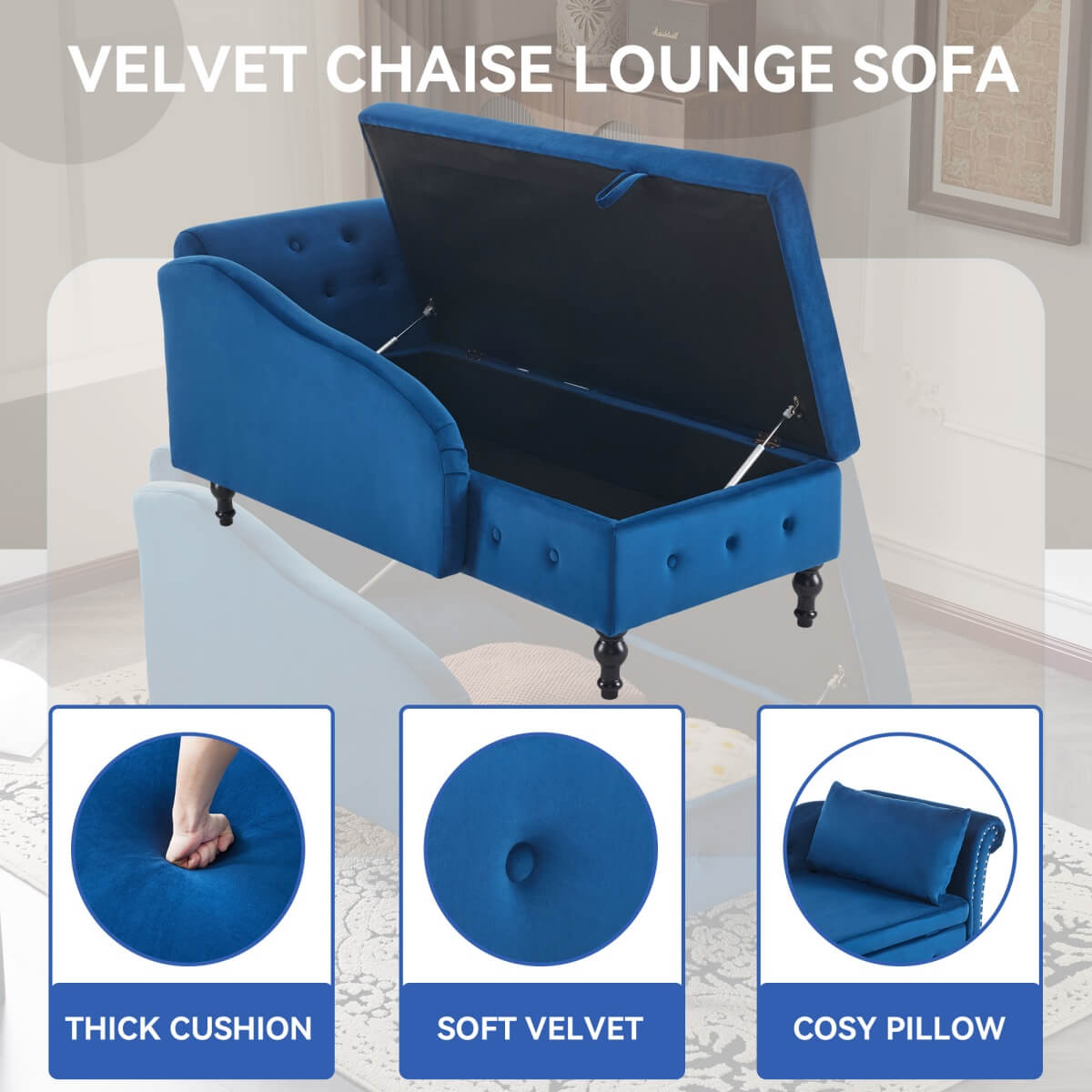 Velvet Chaise Lounge with Storage - Tufted Upholstered Sofa, Right Armrest, Blue