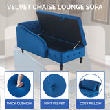 Velvet Chaise Lounge with Storage - Tufted Upholstered Sofa, Right Armrest, Blue