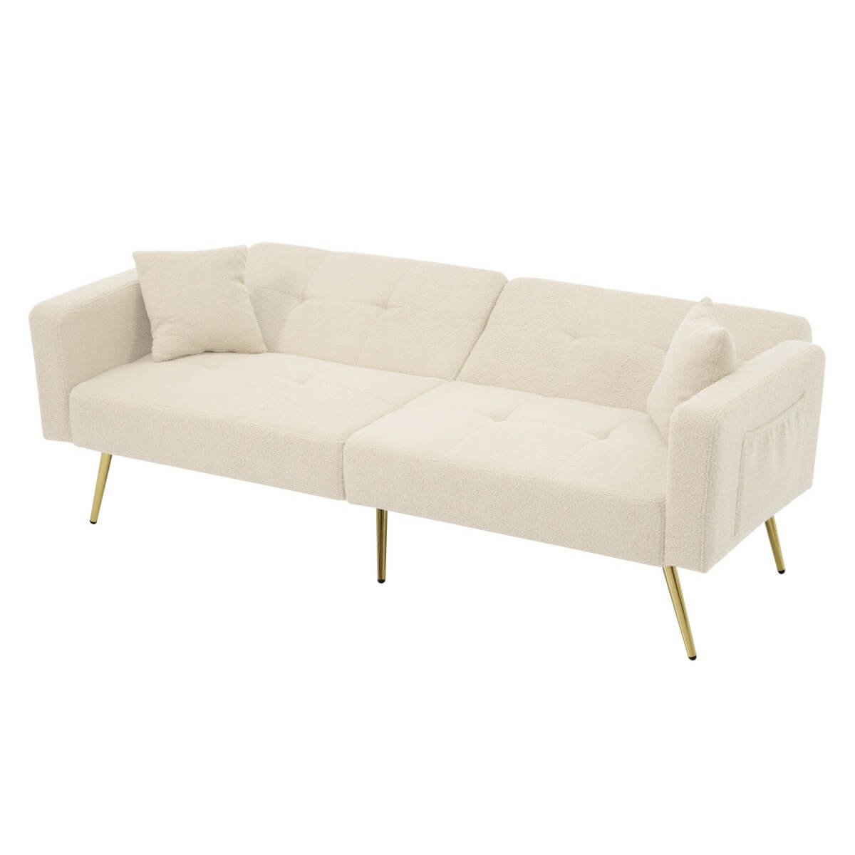 Modern Convertible Sofa Bed - Adjustable Recliner with Gold Legs and Side Storage Pockets, Beige
