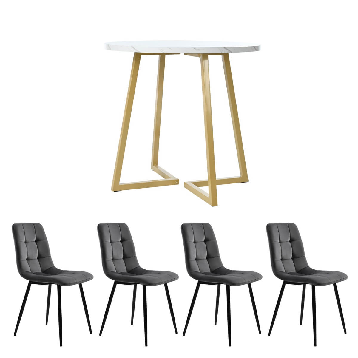 5 Piece Round Dining Table Set - Modern Kitchen Table with 4 Velvet Chairs & Gold Legs