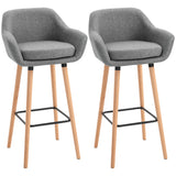 Set of 2 Bar Stools Modern Upholstered Seat Bar Chairs, Metal Frame, Solid Wood Legs, Grey Fabric