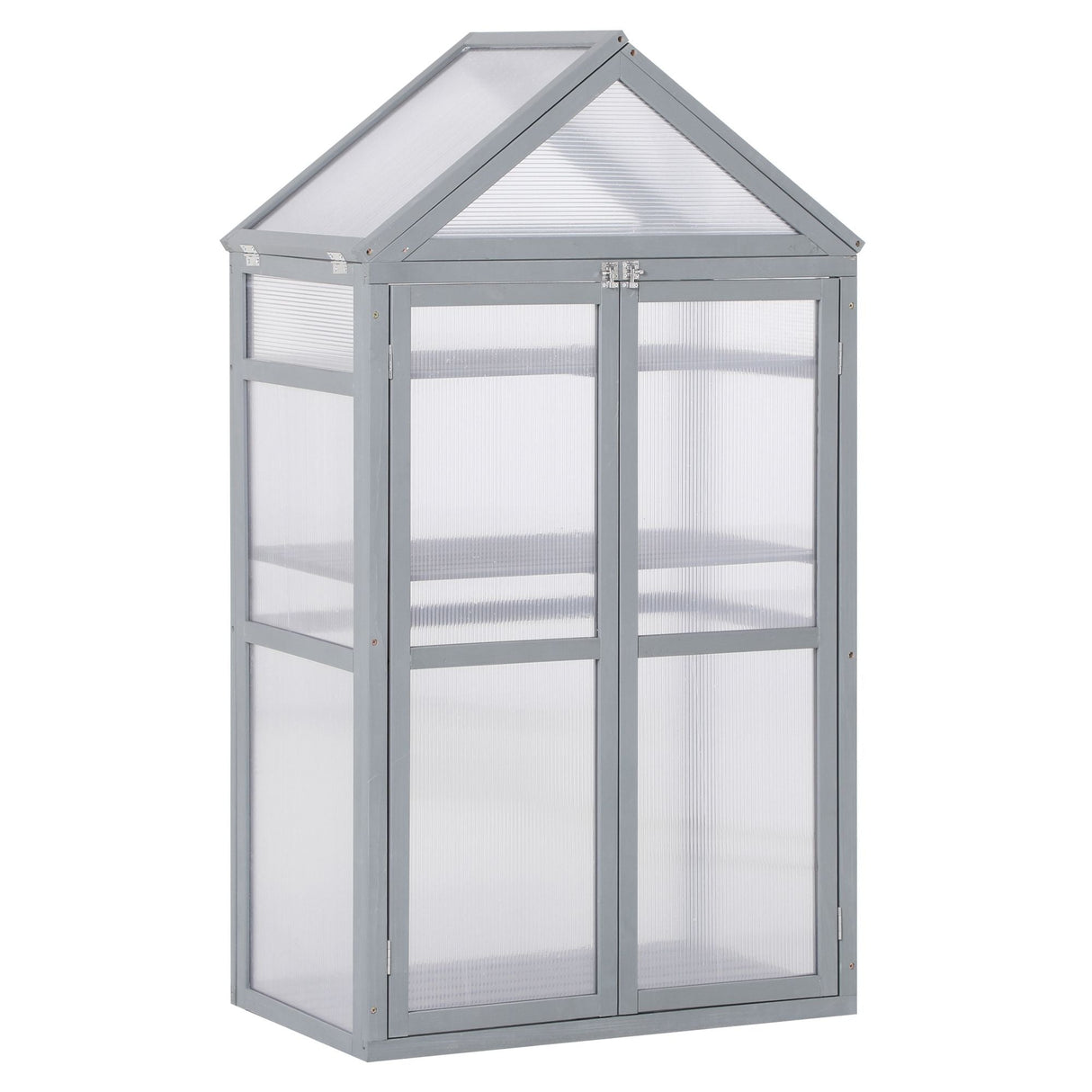 Garden Cold Frame Polycarbonate Greenhouse with Adjustable Shelves, Double Doors, Openable Top, Grey