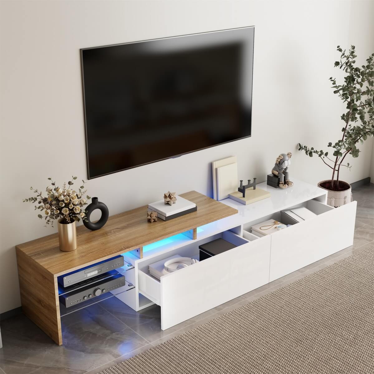 Modern LED TV Unit - High Gloss White TV Cabinet with Glass Shelves and Storage