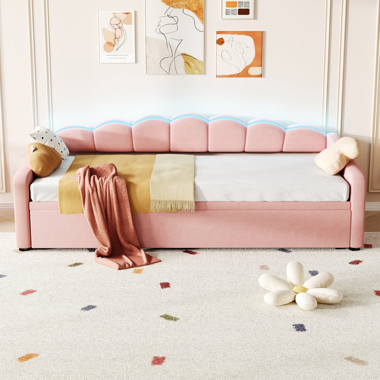 Upholstered Bed 90x190cm with RGB LED Lighting and Pull Out Trundle, Velvet, Pink