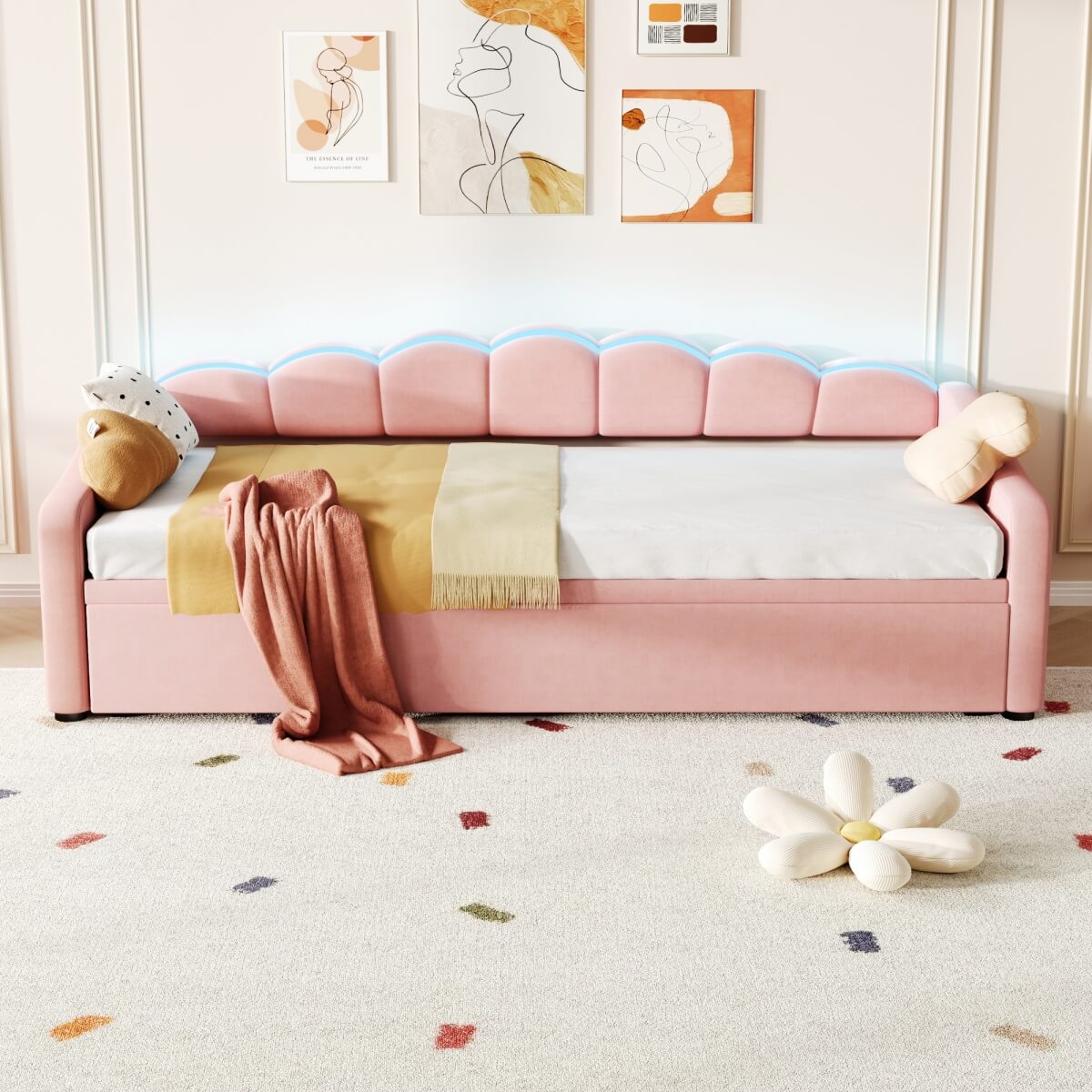 3ft Single Velvet Daybed with Pull-Out Trundle Bed - Petal-Shaped Upholstered Bed Frame with RGB LED Lights, Pink
