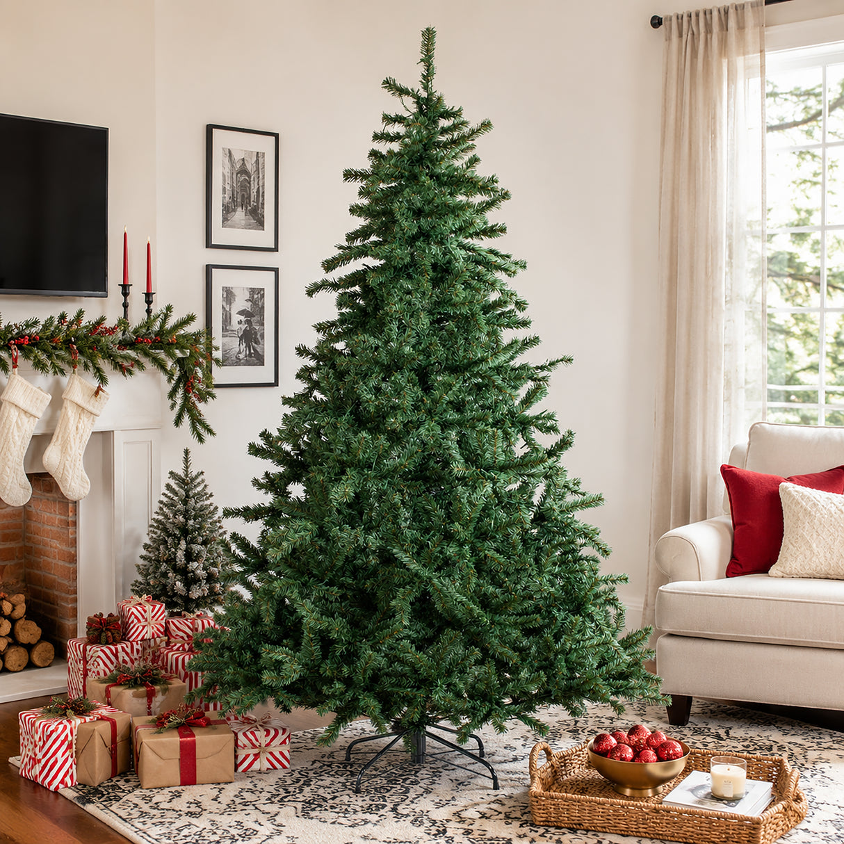 Realistic Full Green Artificial Christmas Tree - PVC Xmas Tree for Easy Setup & Indoor Festive Decoration, 6ft/7ft/8ft