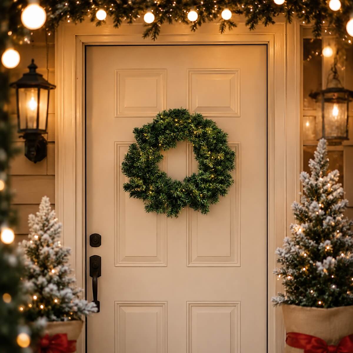 Pre-Lit Artificial Christmas Wreath - Realistic PVC Foliage Wreath with Warm White LED Lights for Door & Home Decoration