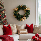Christmas Wreath with Gold Flowers & Red Berries - PVC Wreath with Pre-Lit LED Lights & Gold Branches