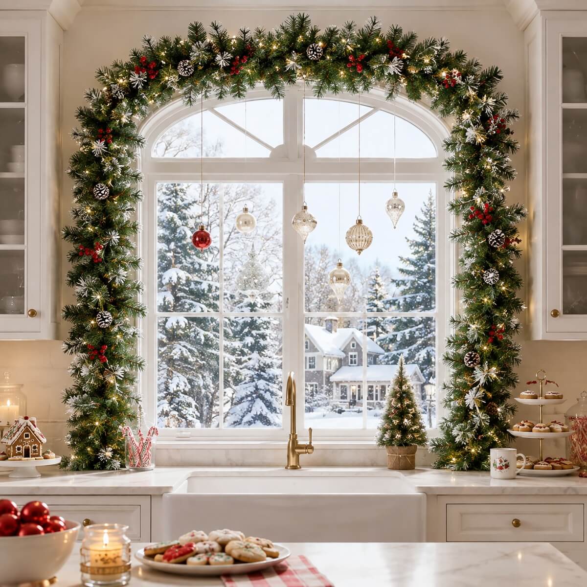 Realistic PVC Christmas Garland - Lush Foliage with Pine Cones, Red Berries & Pre-Lit LED Lights