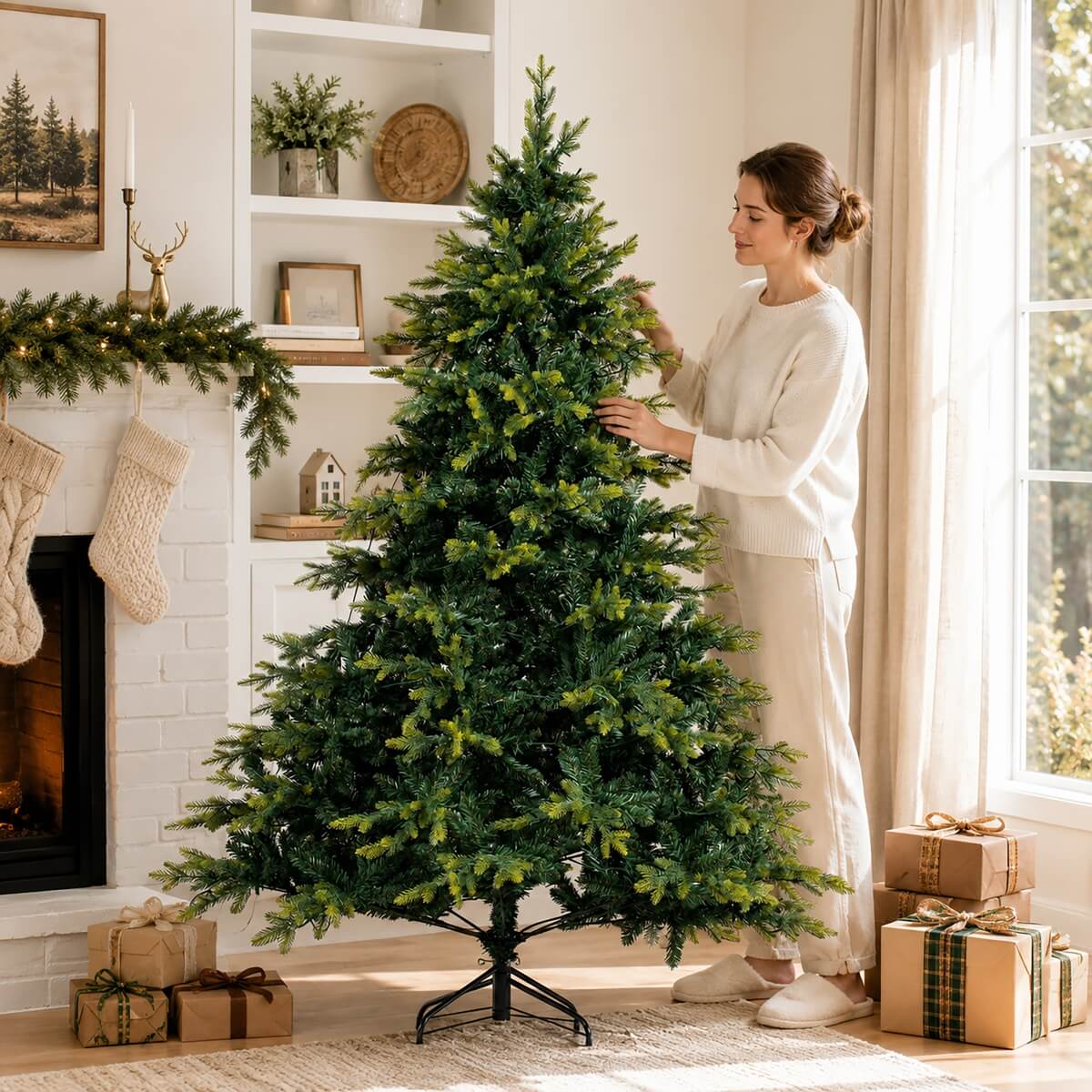 Realistic Full Green Artificial Christmas Tree - PVC & PE Mixed-Foliage Xmas Tree for Easy Setup, 6ft/7ft/8ft