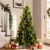 Realistic Green Artificial Christmas Tree with Pine Cones & Red Berries - Pre-Lit Warm White LED PVC Xmas Tree, Easy Setup, 5ft/6ft/7ft