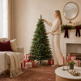 Realistic Full Green Artificial Christmas Tree with Pine Cones & Red Berries - Easy-Setup PVC Xmas Tree, 5ft/6ft/7ft