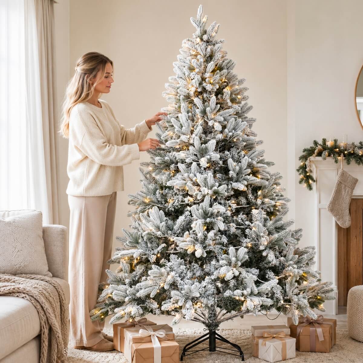 Realistic Snow-Flocked Green Artificial Christmas Tree - Full PVC & PE Mixed-Foliage Xmas Tree with Pre-Lit Warm White LED Lights & Faux Snow Effect, 6ft/7ft/8ft