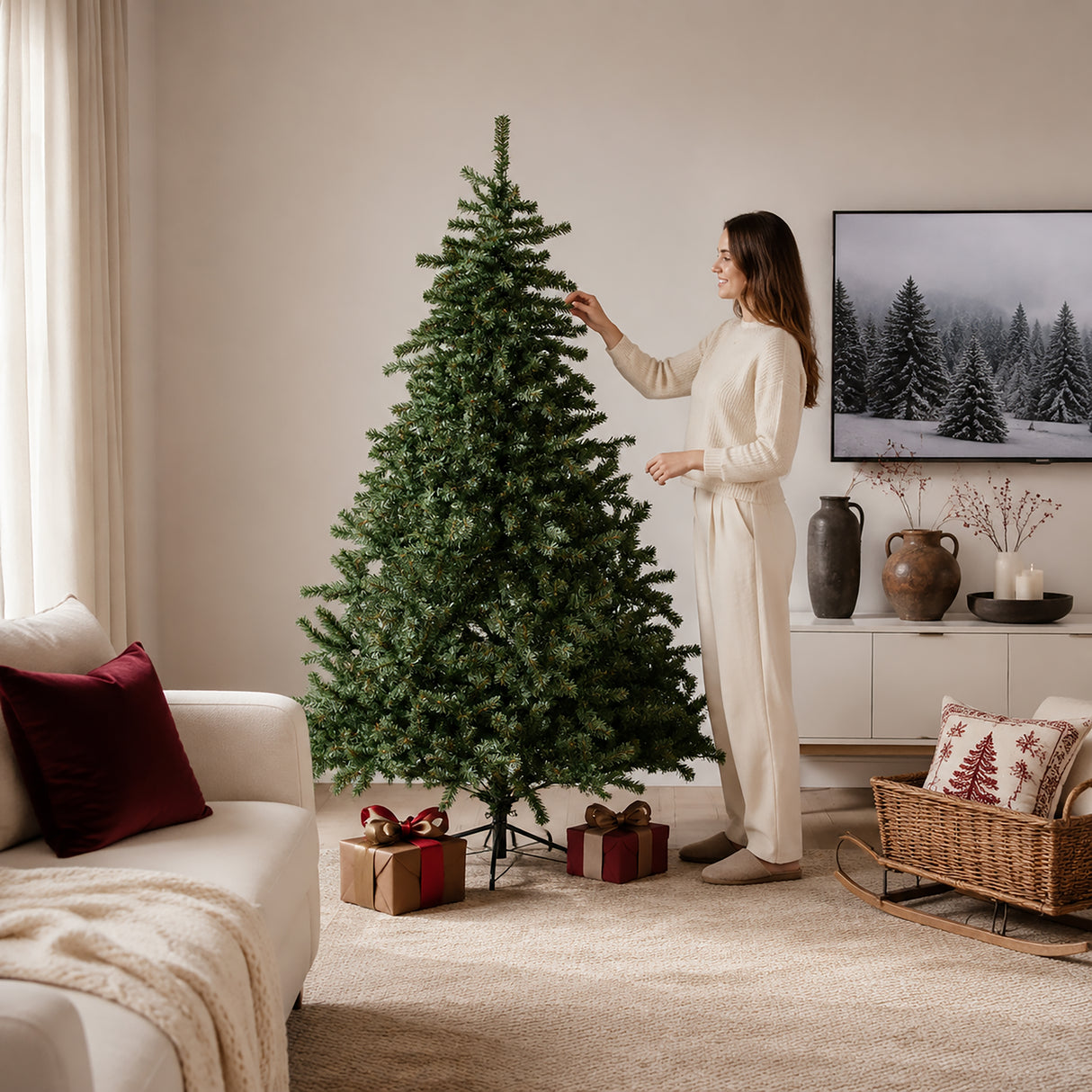 Realistic Full Green Artificial Christmas Tree - PVC Xmas Tree for Easy Setup & Indoor Festive Decoration, 6ft/7ft/8ft
