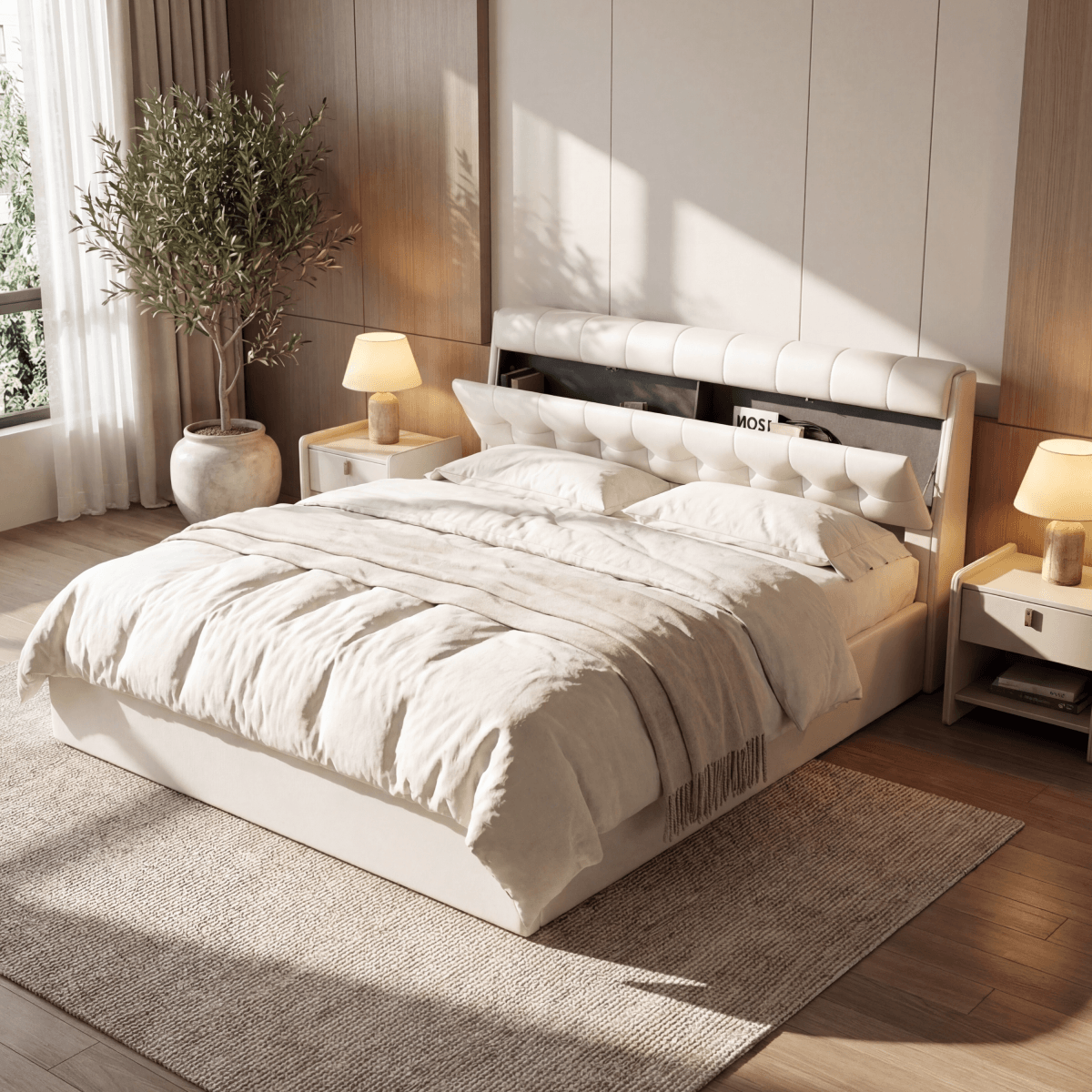 5ft King Upholstered Ottoman Bed - Hydraulic Storage Bed with Concealed Headboard Storage, Cream White