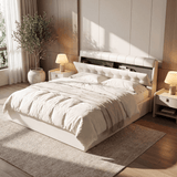 5ft King Upholstered Ottoman Bed - Hydraulic Storage Bed with Concealed Headboard Storage, Cream White