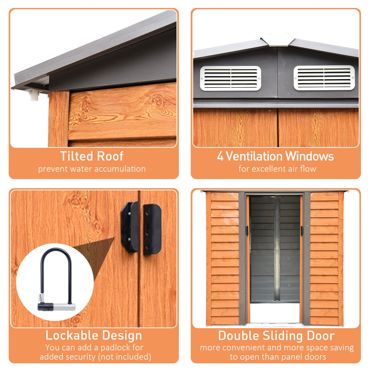Metal Garden Shed with Ventilations, Sliding Door, Sloped Roof, Brown