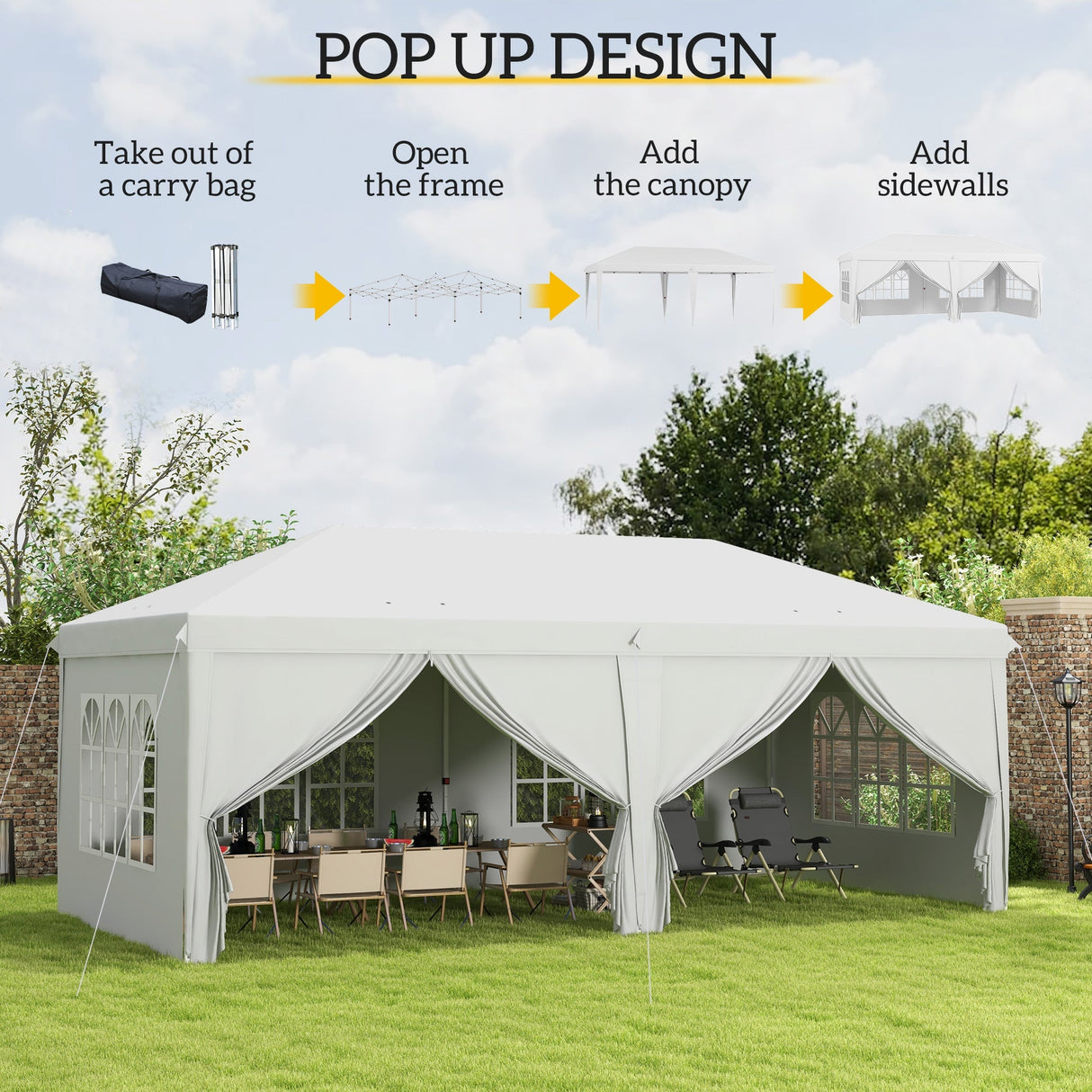 Garden Pop Up Gazebo, 3x6m Wedding Party Tent Marquee with Sidewalls, Windows, Carry Bag, White