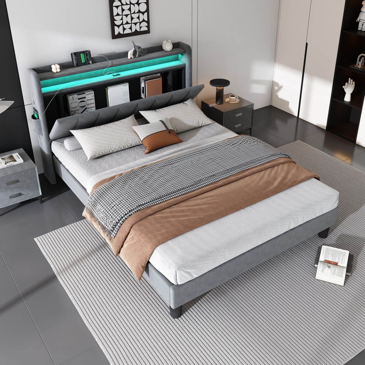 4ft6 Double Velvet LED Storage Bed - Upholstered Bed with USB & Type-C Charging, Grey