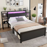Metal Iron Bed 4ft6 Double 135x190cm with LED Lights & Charging Ports (2A/1C), One-Piece Bedside Table, Black