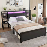 4ft6 Double Metal Bed Frame with LED Lights and Integrated Bedside Table - Black Iron Bed with 2 USB-A Ports and 1 USB-C Charging Port