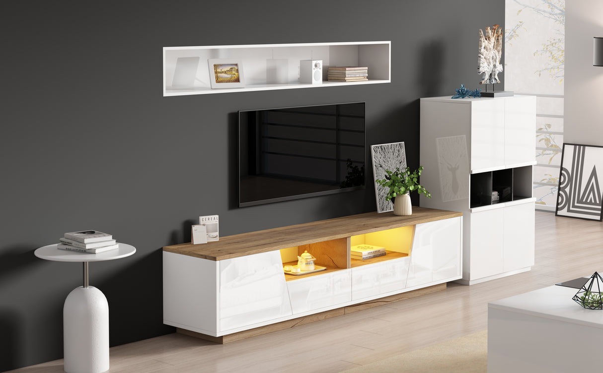 LED TV Stand for 65 Inch TV, Modern Wood Media Console with Storage Drawers, Cabinets and Cable Management, Low Profile Entertainment Center for Living Room Bedroom, White & Oak
