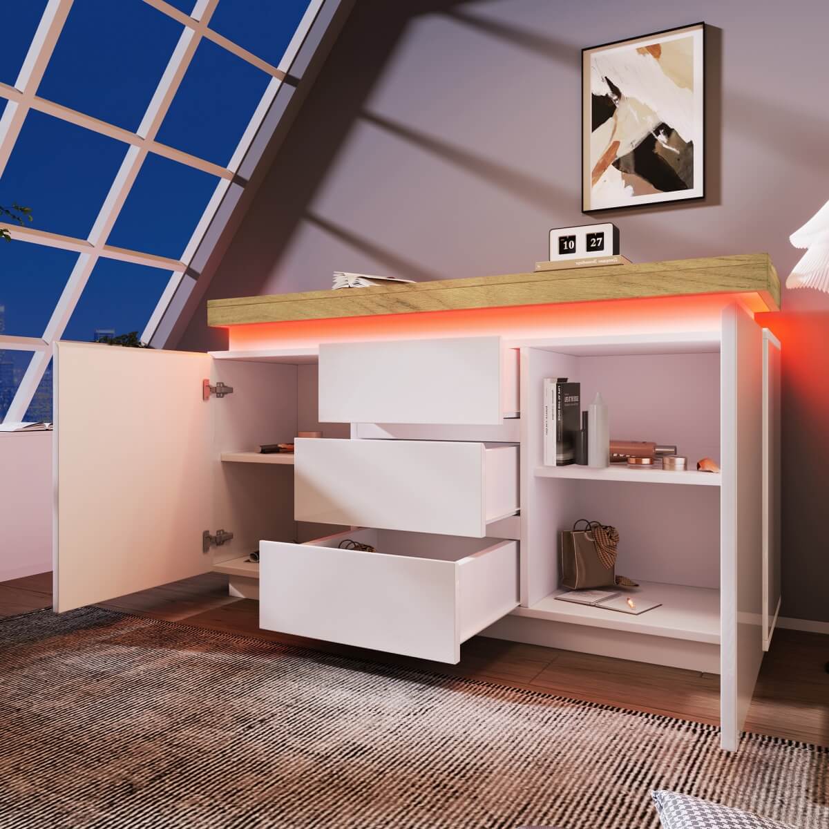 High Gloss Chest of Drawers – 2 Doors & 3 Drawers Sideboard Cabinet with RGB LED, App-Controlled Storage for Living Room & Bedroom