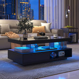 High Gloss Coffee Table with LED Lights - Modern Black Storage Centre Table