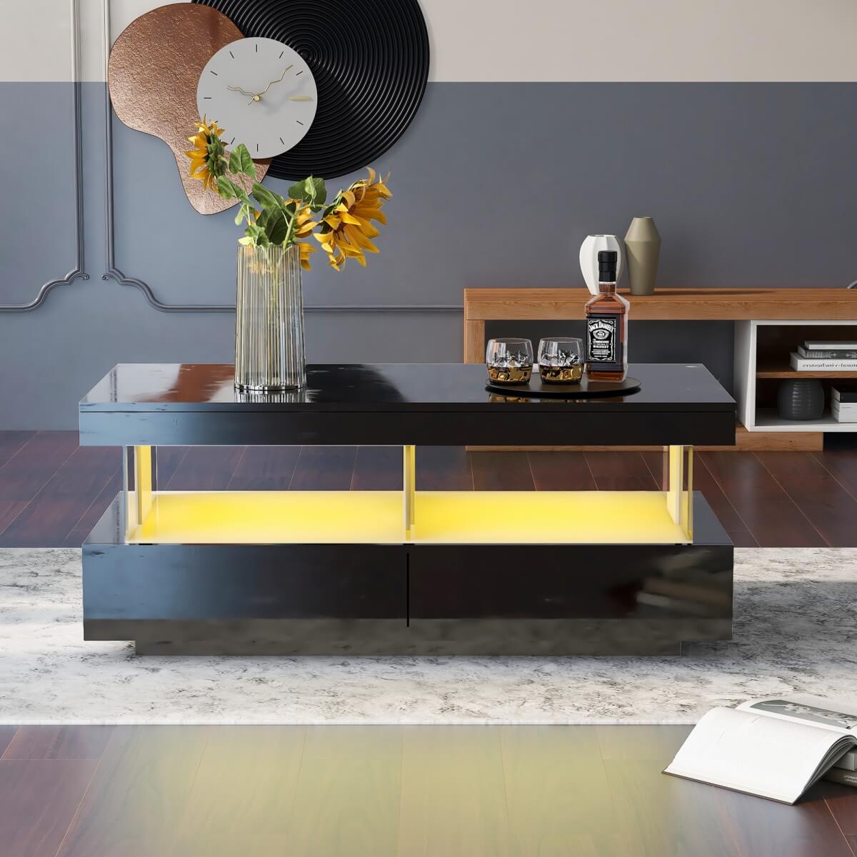 Black High Gloss LED Coffee Table - Living Room Centre Table with 2 Drawers & Storage