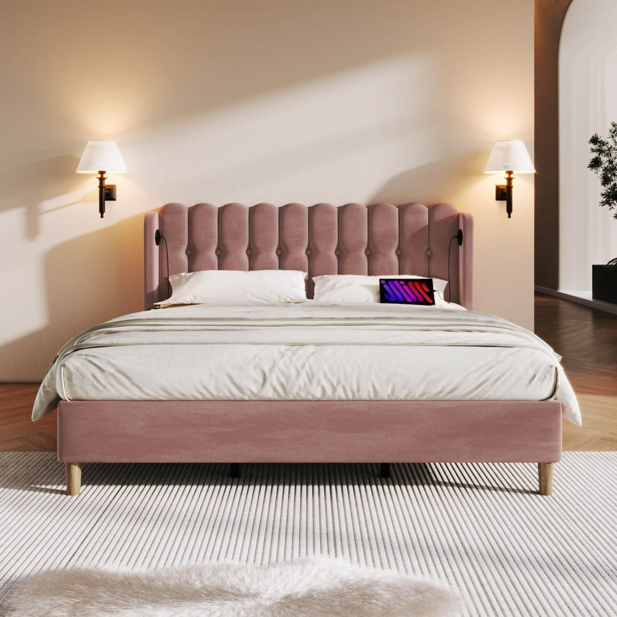 4ft6 Double Pink Velvet Bed – Upholstered Bed with USB & Type-C Charging for Teens & Gu est Rooms