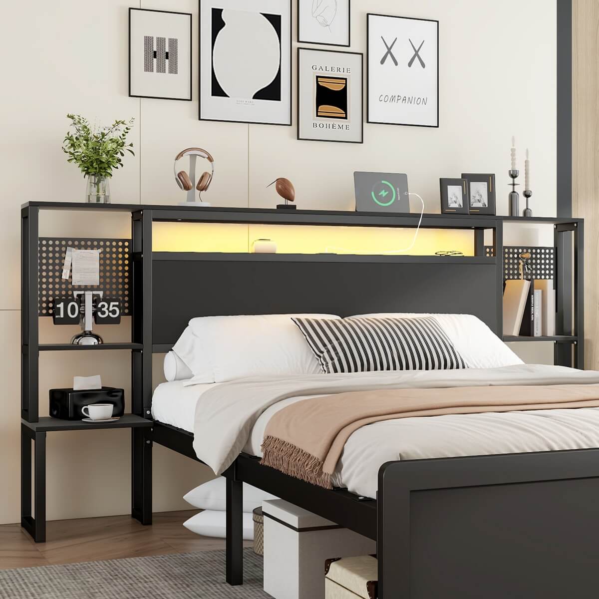 4ft6 Double Metal Bed Frame with LED Lights and Integrated Bedside Table - Black Iron Bed with 2 USB-A Ports and 1 USB-C Charging Port