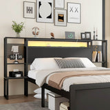 4ft6 Double Metal Bed Frame with LED Lights and Integrated Bedside Table - Black Iron Bed with 2 USB-A Ports and 1 USB-C Charging Port