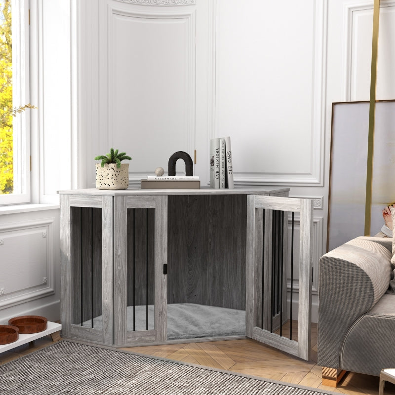 PawHut Dog Crate Side Table with Cushion - Grey