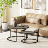 Industrial Nesting Coffee Table Set of 2, Round with Faux Marbled Top and Steel Frame