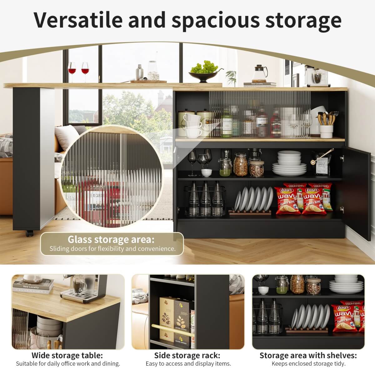 360° Swivel Kitchen Bar Sideboard - Modern Black Multifunctional Storage Cabinet with Glass Shelves
