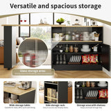 360° Swivel Kitchen Bar Sideboard - Modern Black Multifunctional Storage Cabinet with Glass Shelves