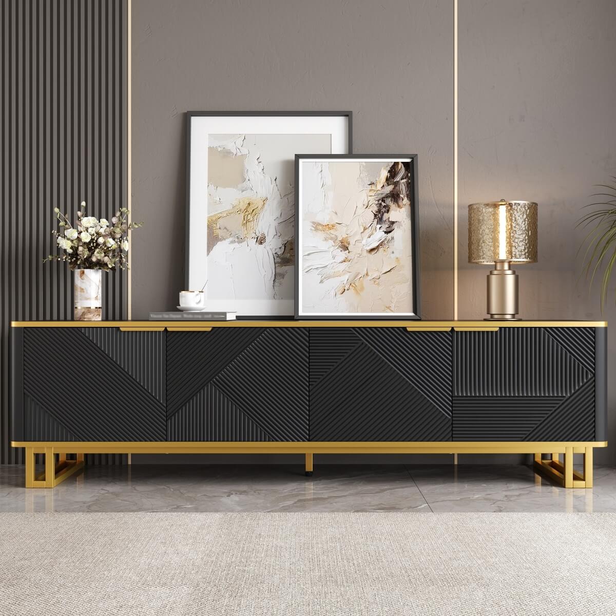 Modern TV Cabinet with 4 Doors - Geometric Texture TV Stand & Media Console, Black