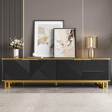 Modern TV Cabinet with 4 Doors - Geometric Texture TV Stand & Media Console, Black