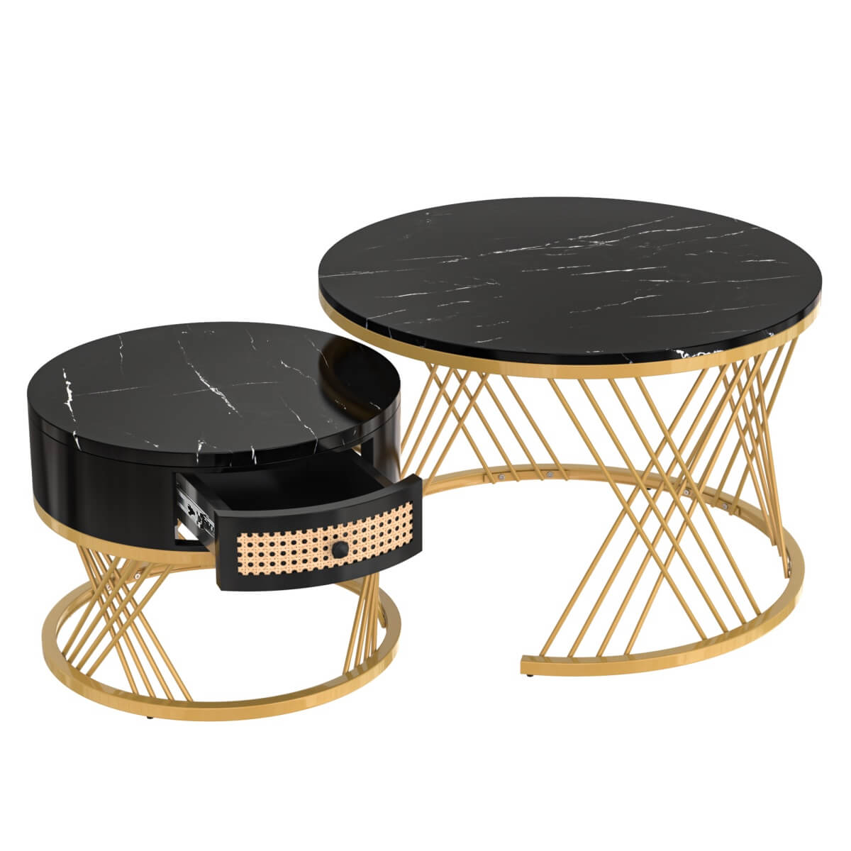 2 in 1 Round Coffee Table Set - Marble Effect Top, Rattan Drawers, Gold Metal Legs