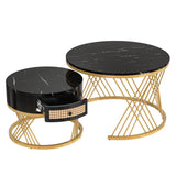 2 in 1 Round Coffee Table Set - Marble Effect Top, Rattan Drawers, Gold Metal Legs