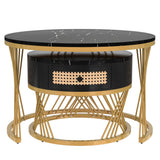 2 in 1 Round Coffee Table Set - Marble Effect Top, Rattan Drawers, Gold Metal Legs