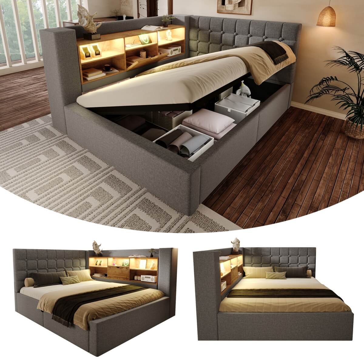 4ft6 Double Upholstered Sofa Bed with Hydraulic Storage - Linen Daybed with USB and Type-C Charging Station, Grey
