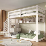 Kids Bunk Bed with Storage Stairs - Solid Wood Bunk Beds with 3 Open Shelves and Wraparound Safety Rails, White