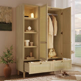 Rattan 2-Door Wardrobe - Hanging Rail, 4 Storage Shelves, 2 Drawers and Anti-Tip Device, Oak Effect
