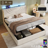4ft6 Double Upholstered Bed Frame - Hydraulic Storage, LED Headboard with USB Charging, Beige Linen