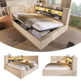 4ft6 Double Upholstered Sofa Bed with Hydraulic Storage - Linen Daybed with USB and Type-C Charging Station, Beige