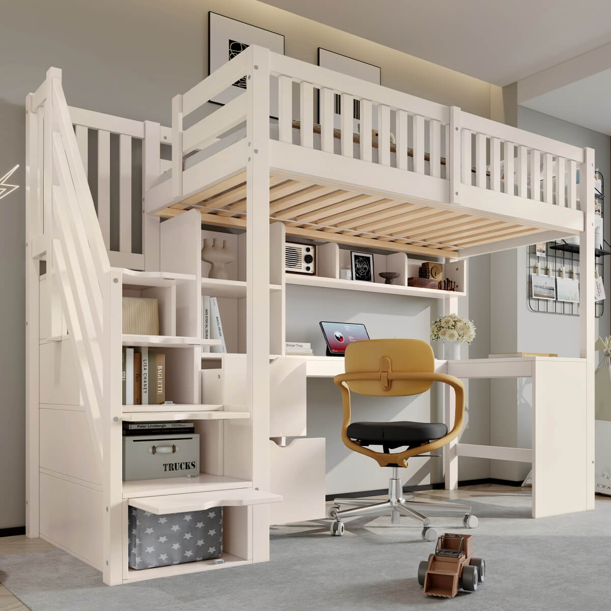 Single High Sleeper Bed with Desk and Storage Stairs - Wooden Loft Bed with Large Corner Desk, Shelves and Safety Guard Rails, White