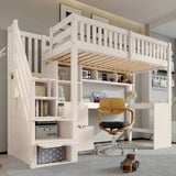 Single High Sleeper Bed with Desk and Storage Stairs - Wooden Loft Bed with Large Corner Desk, Shelves and Safety Guard Rails, White