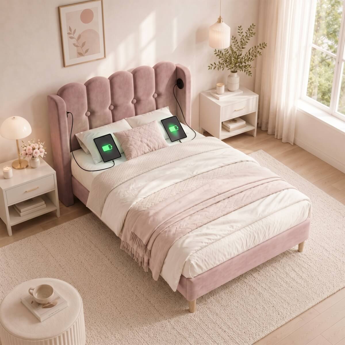 3ft Single Velvet Upholstered Bed with USB Charging - Pink Bed Frame