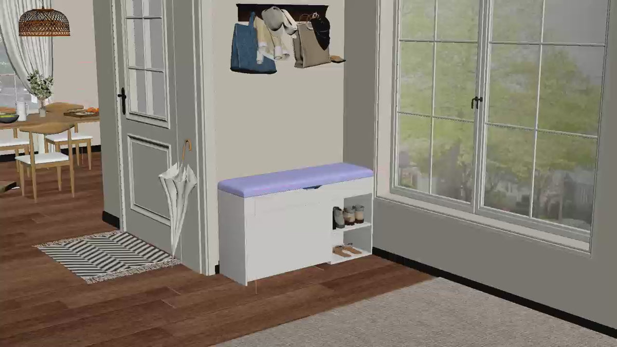 Entryway Shoe Storage Bench - 3-Tier Flip-Up Drawers and Hidden Cabinet, Space-Saving Design, White